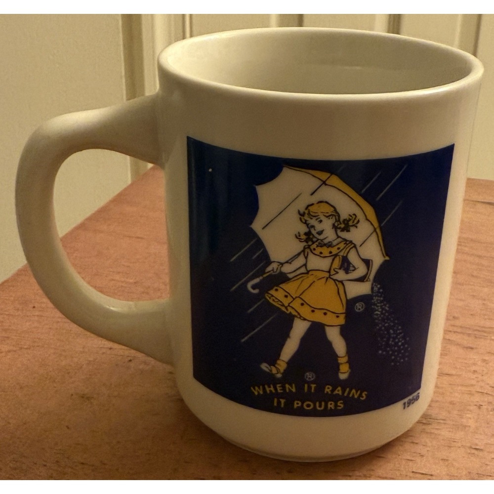 Morton Salt Girl Coffee Cup Mug 1956 Logo‎ When It Rains It Pours